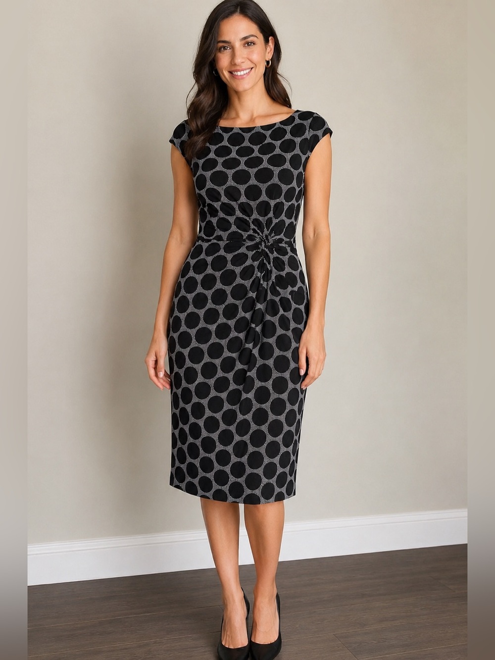 Ralph Lauren Size 4 Black White Polka Dot Twist Front Midi Dress Career Cocktail